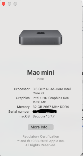 mac mini 2018, i3 3.6G, 32G RAM, 256G SSD