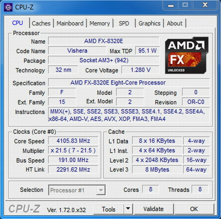 AMD FX-8320E 八核心處理器、堆土機95W省電版、L3快取-8MB、時脈3.2GHz ( 散裝、無風扇 )