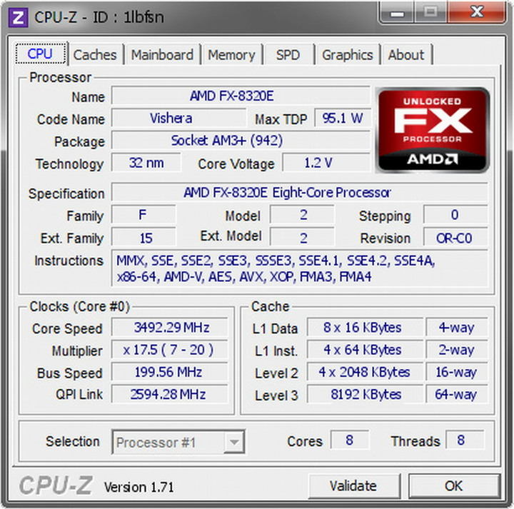 AMD FX-8320E 八核心處理器、堆土機95W省電版、L3快取-8MB、時脈3.2GHz ( 散裝、無風扇 )