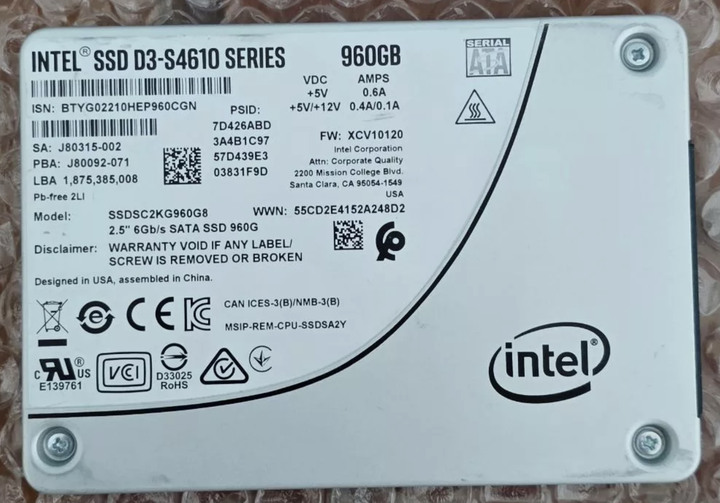 英特爾 Intel D3 S4610 960GB 企業級 SATA SSD