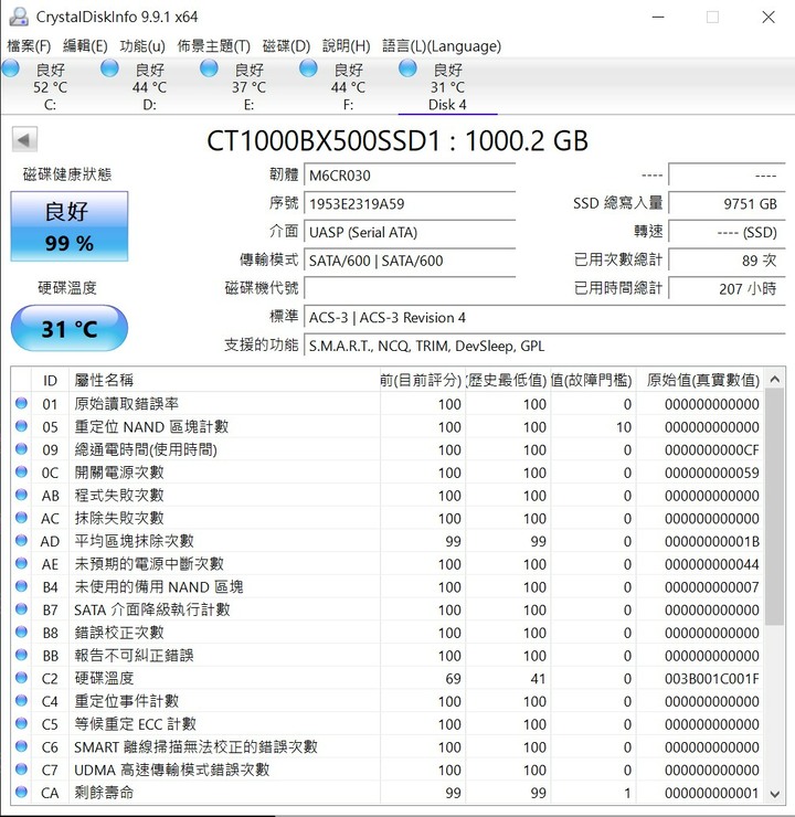 Micron 美光BX500 1TB 2.5吋 SATA SSD固態硬碟(通電時數207小時))