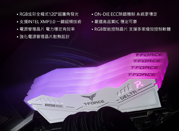 Team T-FORCE DELTA RGB 炫光 DDR5 7200 48G(24G*2) CL34 白色 電競超頻記憶體
