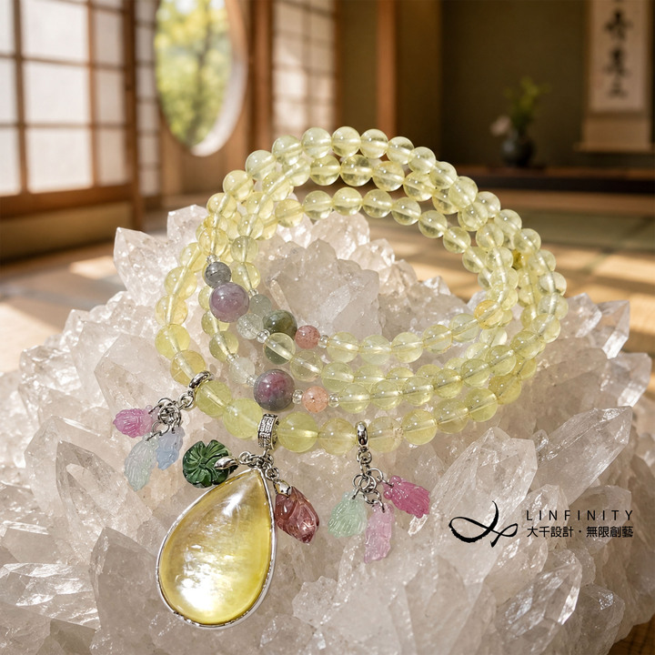 頂級 黃金葡萄石 黃金鋰雲母 彩虹碧璽 108手串 念珠 6.6mm 單品