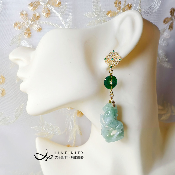 天然翡翠 馬上有錢花 駿業雙馳 招財 事業 大寶石 耳環 單品 禮物