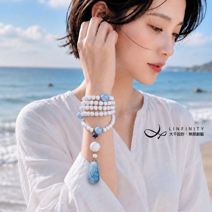 頂級拉利瑪海紋石 如意 硨磲蓮花 108手串念珠 7.5mm 單品 禮物