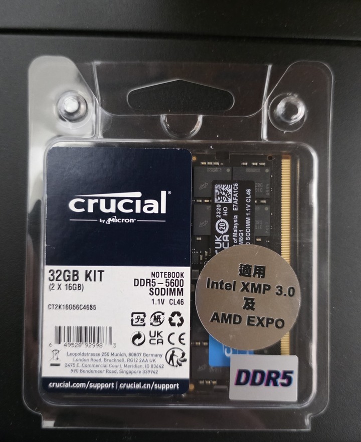 美光 CT2K16G56C46S5 DDR5-5600 16GBx2 筆記型雙通道記憶體