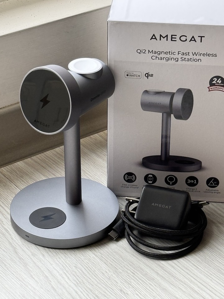 AMEGAT 三合一 Qi2 15W/ 蘋果 MFW認證/ AirPods MagSafe 桌上型無線充電器