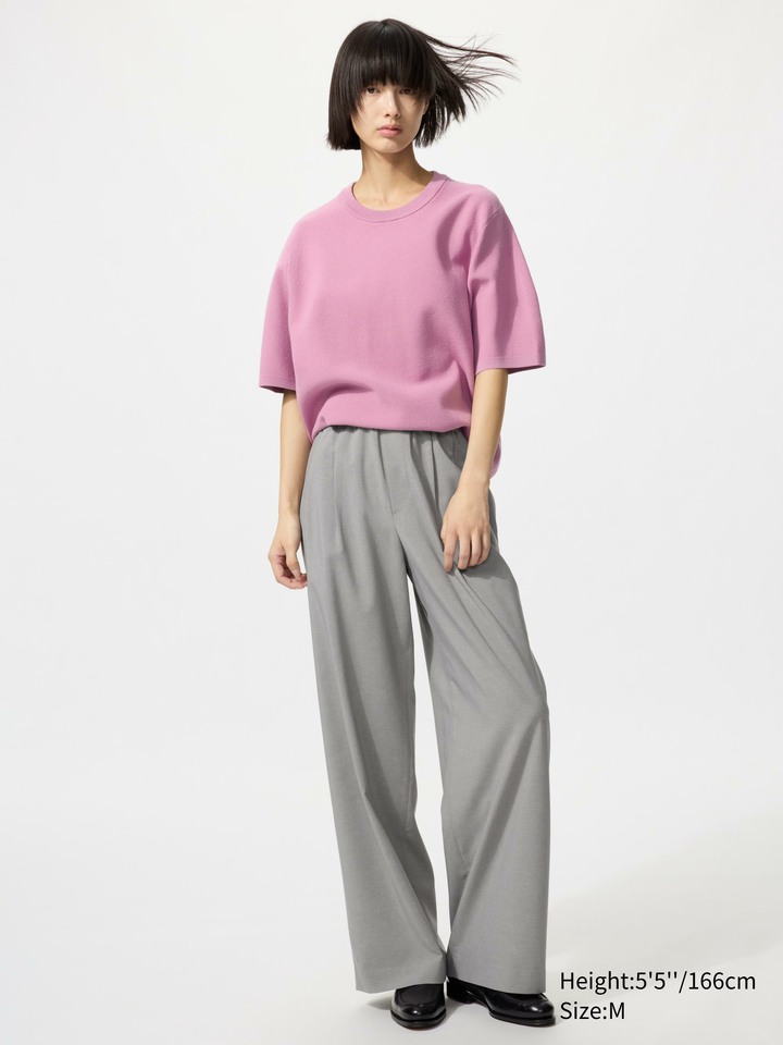 (全新) UNIQLO 男女適穿 可機洗米蘭羅紋針織T恤(短袖-米白 L號)