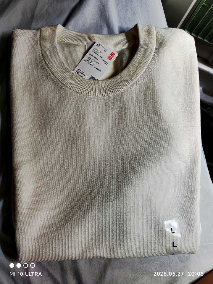 (全新) UNIQLO 男女適穿 可機洗米蘭羅紋針織T恤(短袖-米白 L號) 