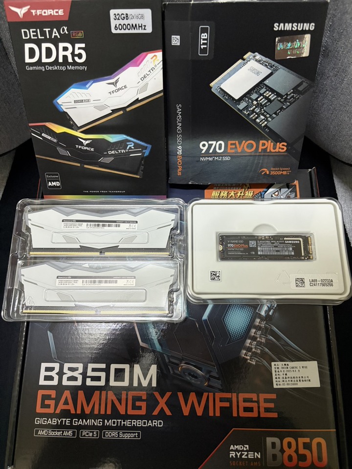 (全新) 技嘉B850M GAMING X WIFI6E+十銓 DELTAα RGB DDR5 6000 CL38 16G*2(白)+三星 970 EVO Plus 1TB