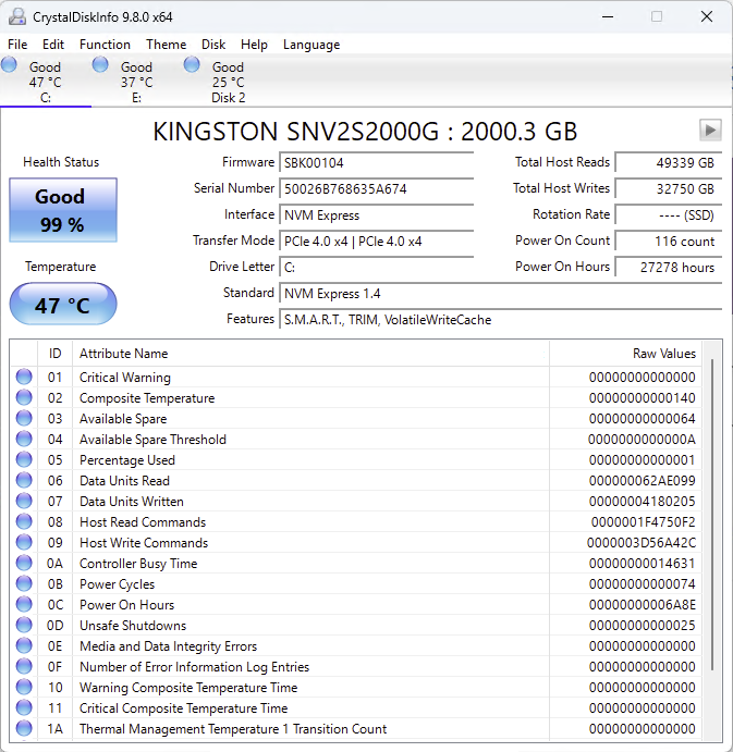 Kingston 2T NVME SSD 健康度99%