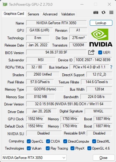 MSI 微星 GeForce RTX 3050 AERO 8G OC 顯示卡