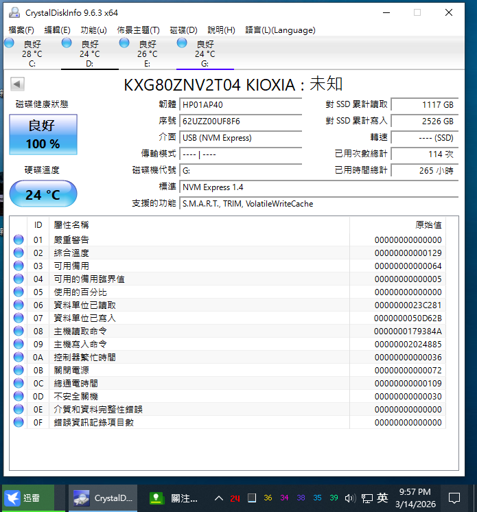 很新(100%健康度)KIOXIA 鎧俠 XG8 2T M.2 2280 PCIeGen4x4 TLC 固態硬碟 SSD 美光可參考
