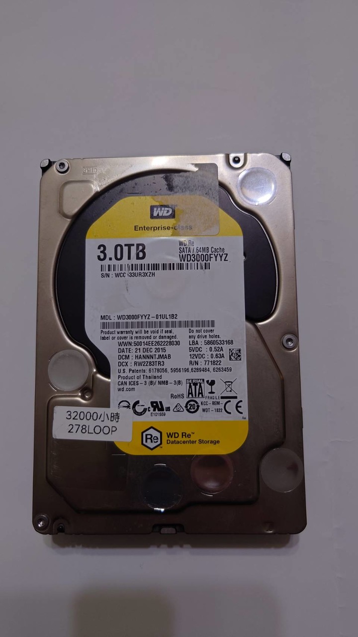 2手低時數 企業級 金標 WD3000FYYZ 3T 3TB/7200轉/64MB/ 3.5吋 雙處理器 硬碟 HDD