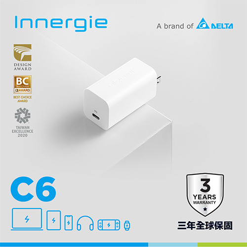 台達Innergie C6【GaN摺疊版】60W USB-C 萬用充電器 全球3年完善保固