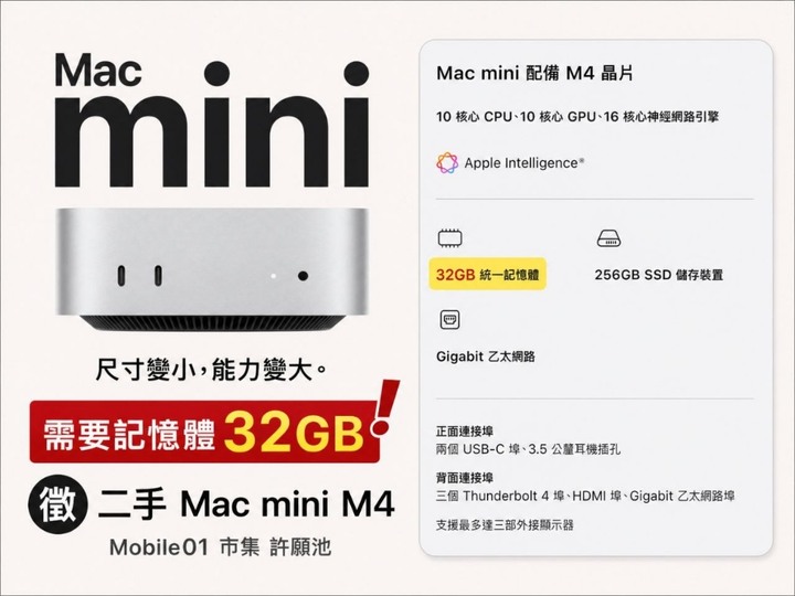 Mac Mini M4 RAM：32G、SSD：256GB