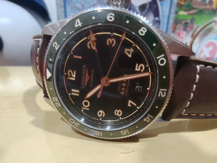 超極新保固中萬國鐘錶購買的LONGINES 浪琴 Spirit 先行者Zulu TimeGMT雙時區天文台認證機械錶陶瓷圈綠金版-39mm黃金尺寸歡迎面交