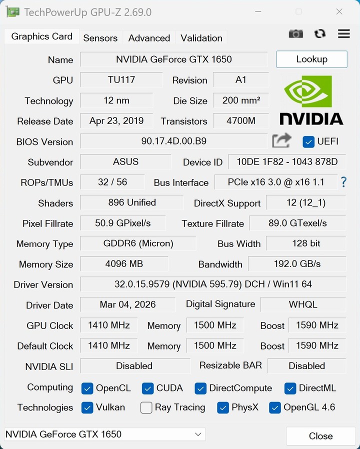 華碩 ASUS GTX 1650 4G D6 免插電