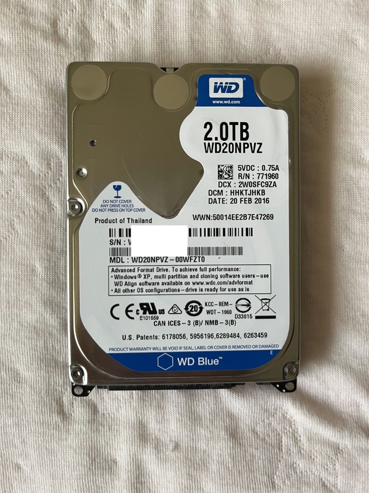 WD 2.5吋 2TB 5200轉 厚15mm