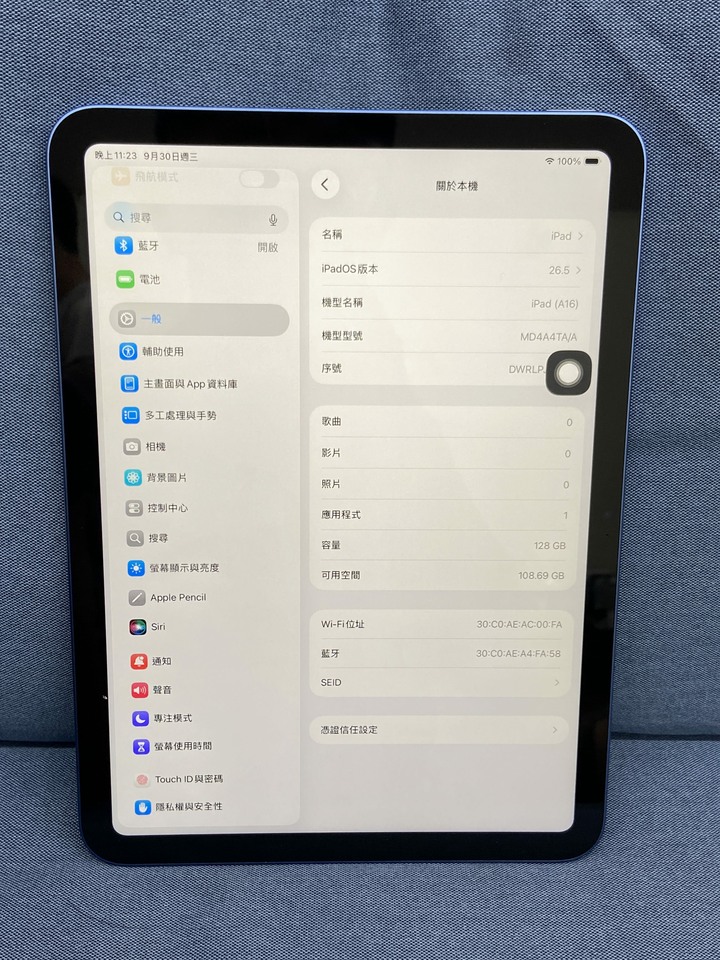 Apple IPad 11 (A16) 128G 藍色 蘋果大螢幕平板 iPad11 WIFI版 台灣公司貨 DWRLP