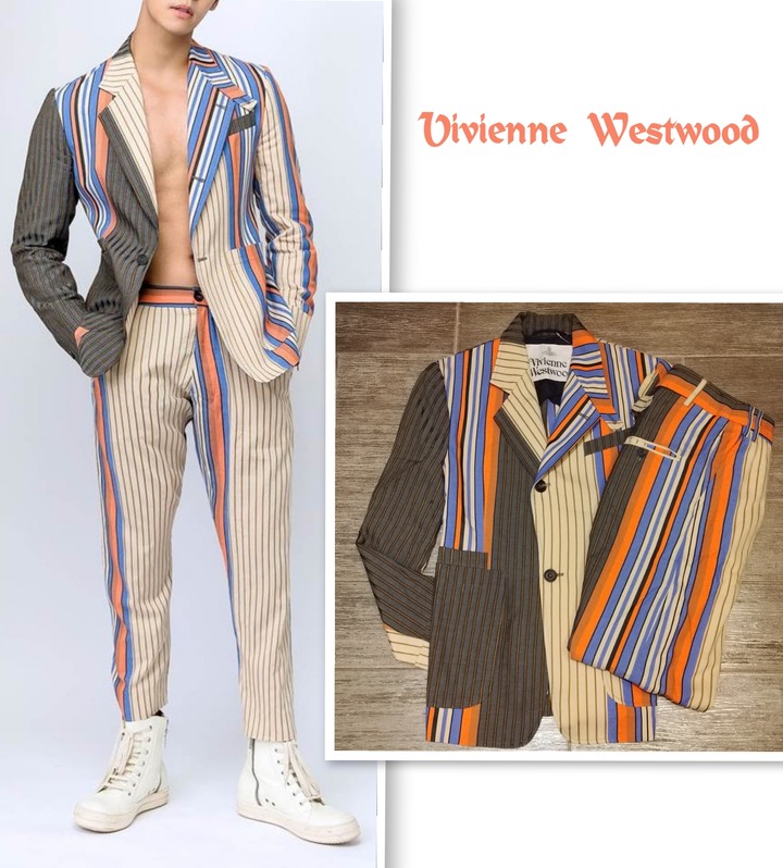 全新專櫃正品 Vivienne Westwood 米+橘+灰多色條紋成套西裝