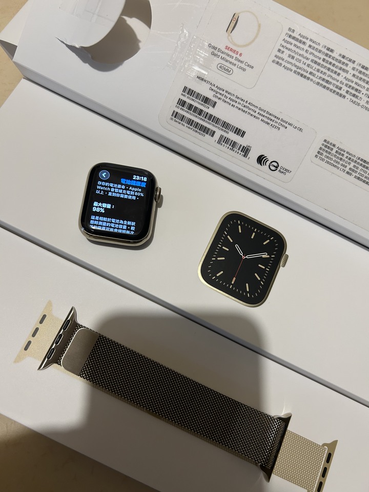 Apple Watch S6 40mm Lte 金色不銹鋼原廠米蘭錶環 9成新，有正常使用細紋 電池健康度98%