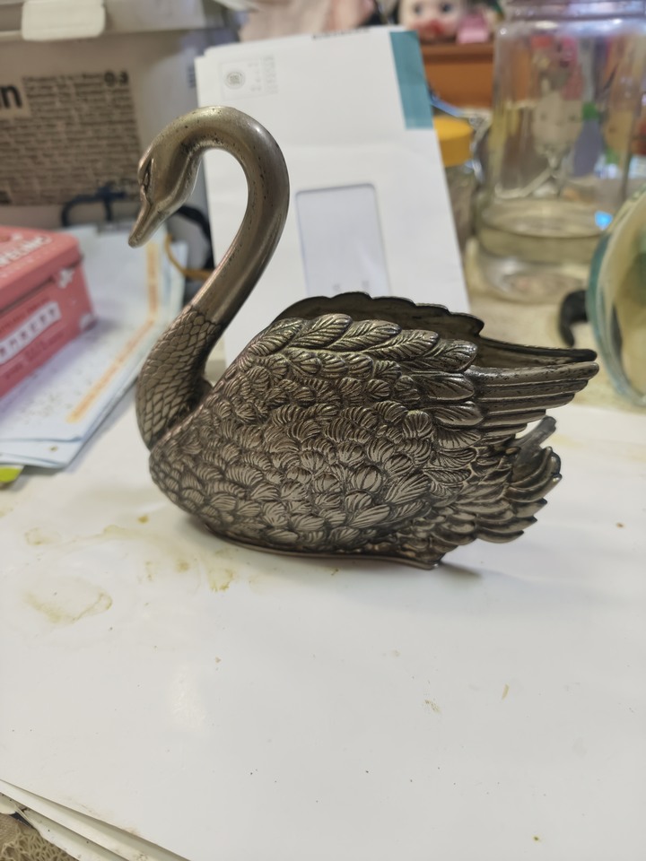 1984年的復古義大利製 鍍銀天鵝擺件 當餐巾架 信紙帳單架 Godinger Silver Art Co 製 made in Italy 內有落款