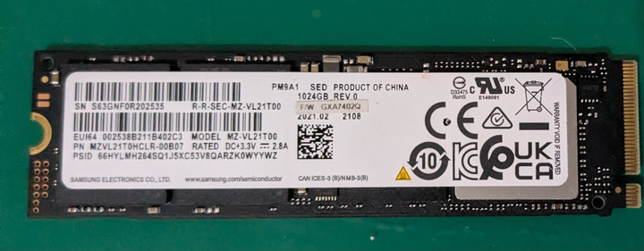 Samsung 三星 1Tb SSD PM9A1 PCLe 4.0 MVMe M.2 2280 二手 良品